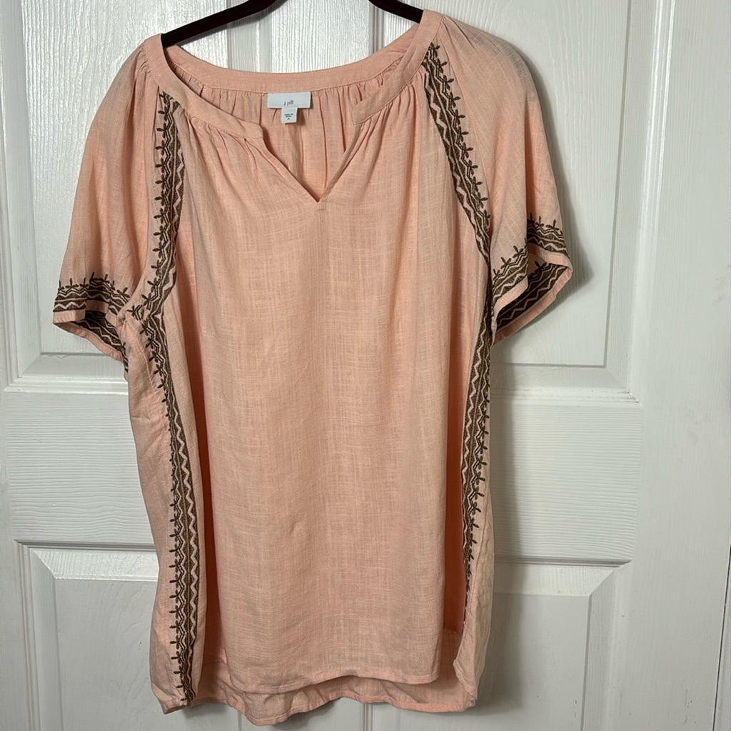 J. Jill Peach Blouse With Brown Embroidery